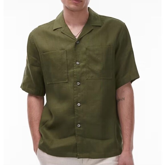 MNG Mango Olive Green 100%  Linen Short Sleeve Button-Up Camp Shirt Size L - Picture 1 of 5